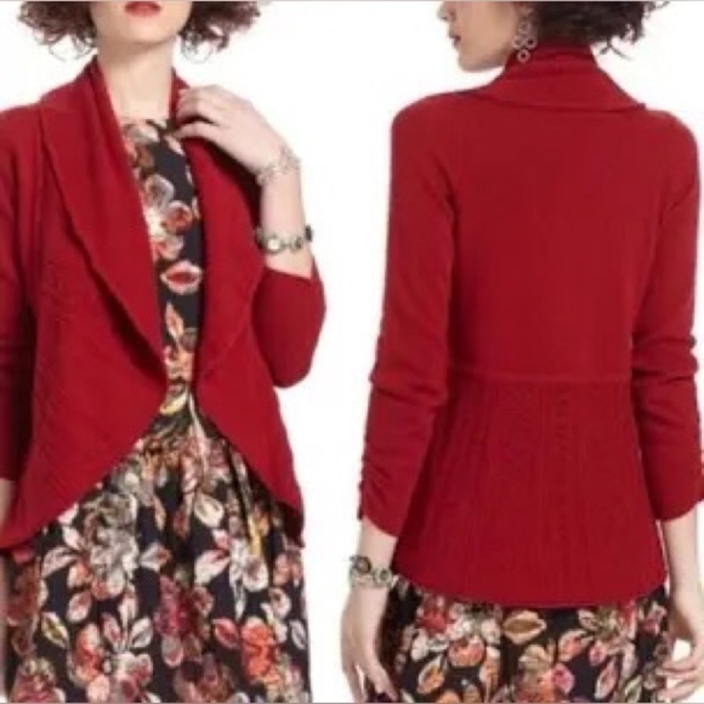 Anthropologie Knitted & Knotted Red Shawl Angora Wool Open Cardigan in Large